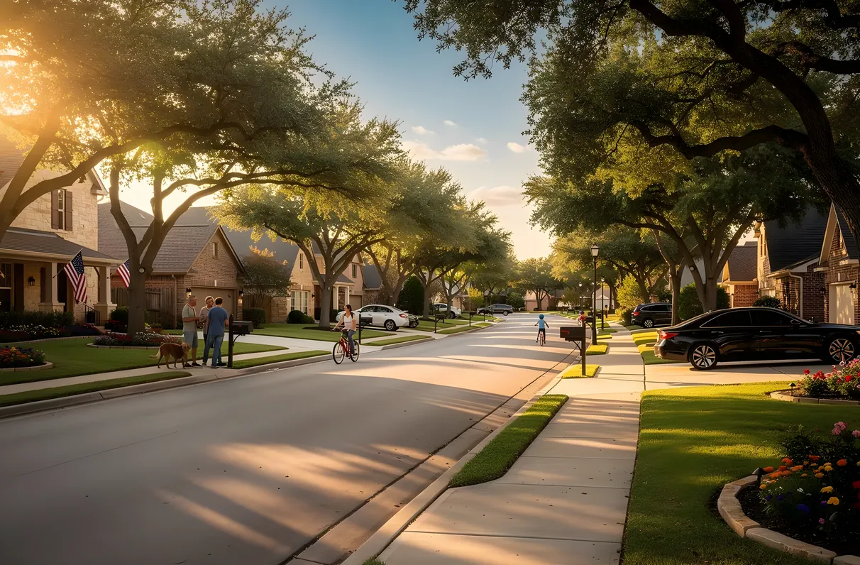 A warm view of a Frisco, Texas neighborhood street lined with mature trees and well-maintained sidewalks