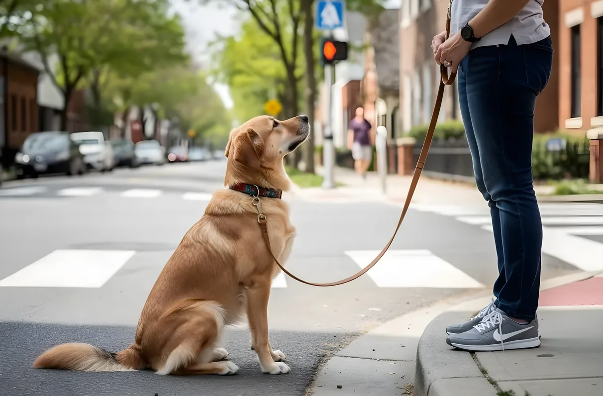 A dog walking calmly on a leash down a sunlit Frisco sidewalk