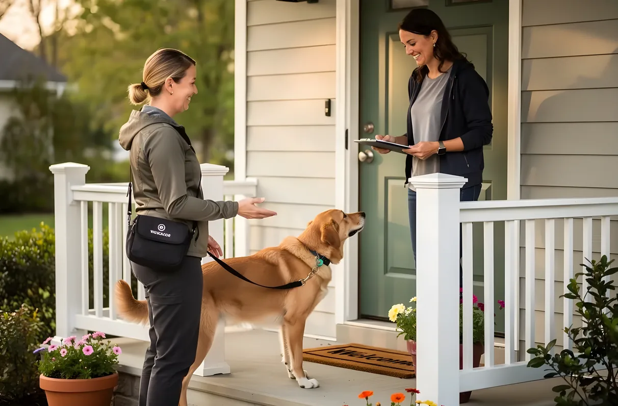 A person meeting a dog walker outdoors in Frisco, TX during an initial meet-and-greet visit
