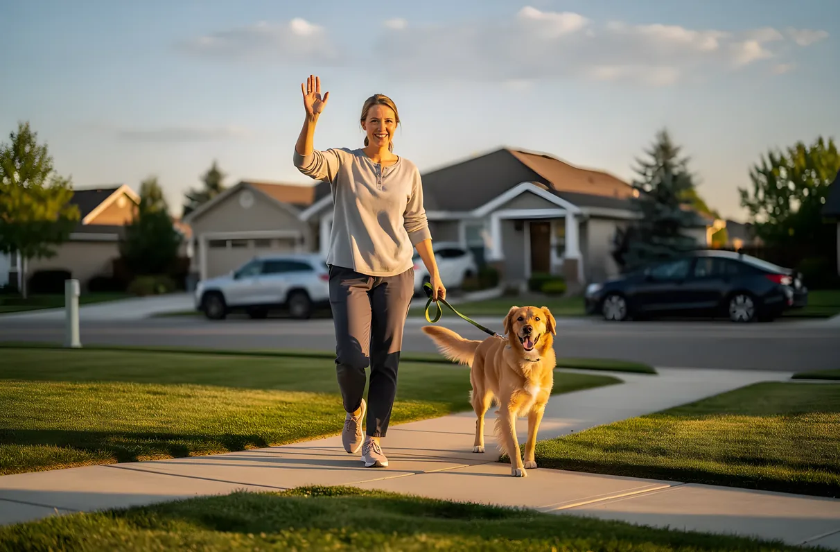 A friendly dog walker waving from a suburban Frisco sidewalk while walking a happy dog in morning light