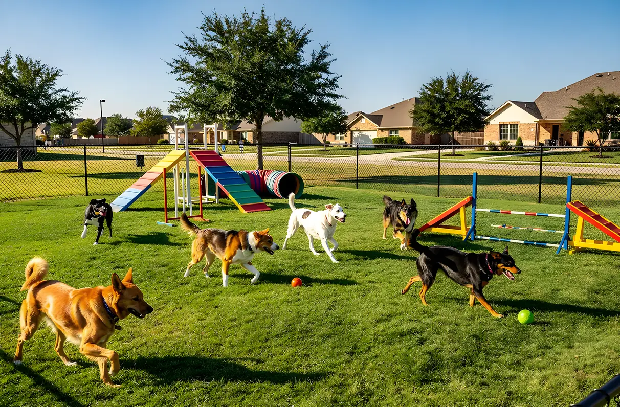 A dog on a leash walking a paved trail past a pavilion in a Frisco, TX park
