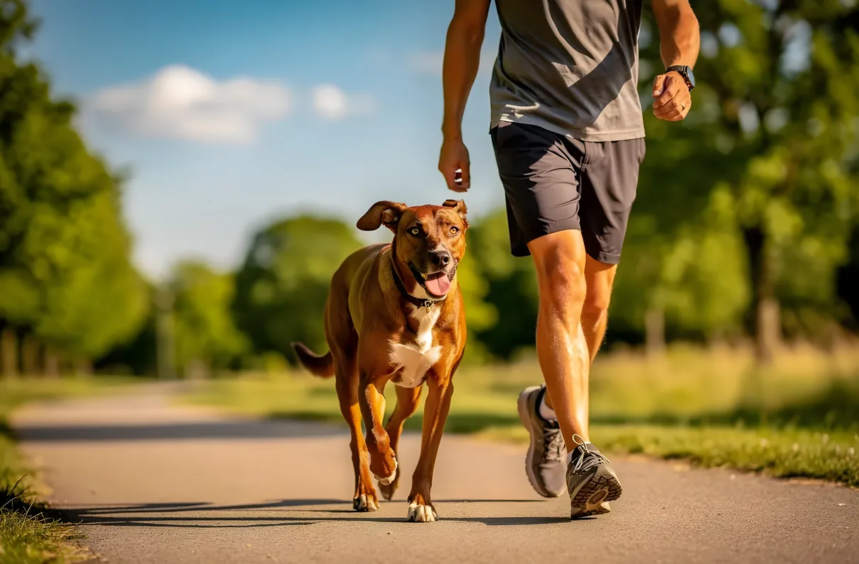 Dog walking down a Frisco, TX sidewalk in morning light, showing the physical exercise of a daily walk