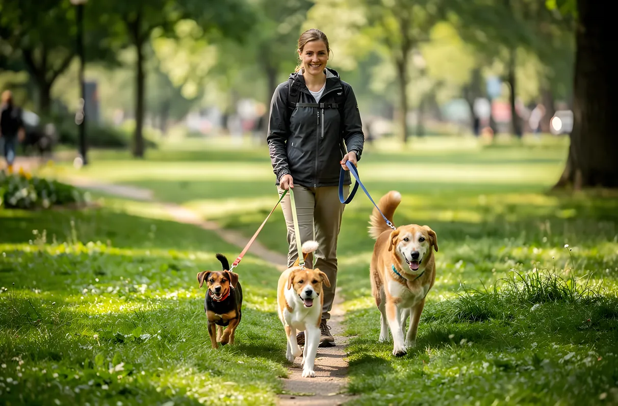 Small group of matched dogs walking together with one walker on a Frisco, TX sidewalk