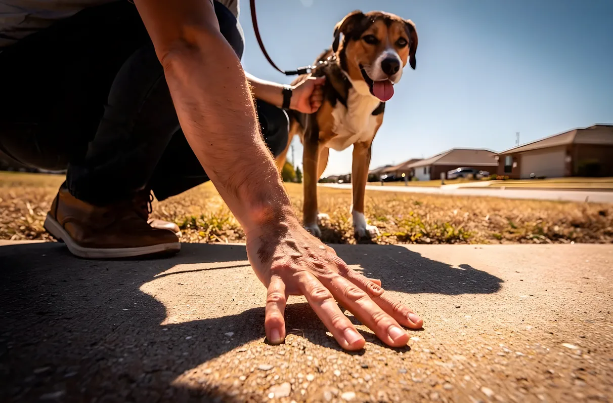 Person testing hot pavement with the back of their hand before a dog walk in Frisco, Texas summer heat