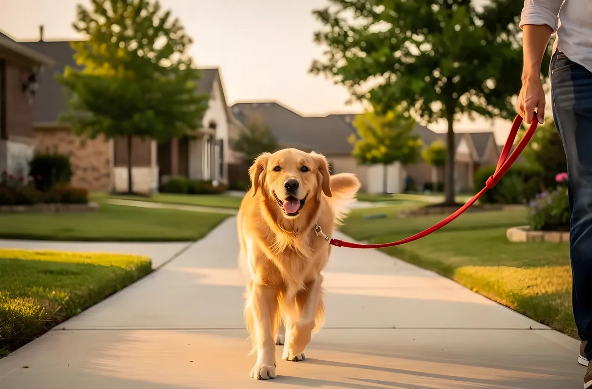 Golden retriever on a leash walking with its owner on a suburban Frisco, TX sidewalk in morning light