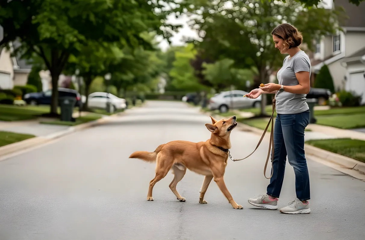 A dog walking calmly on a loose leash beside its owner along a Frisco, TX sidewalk