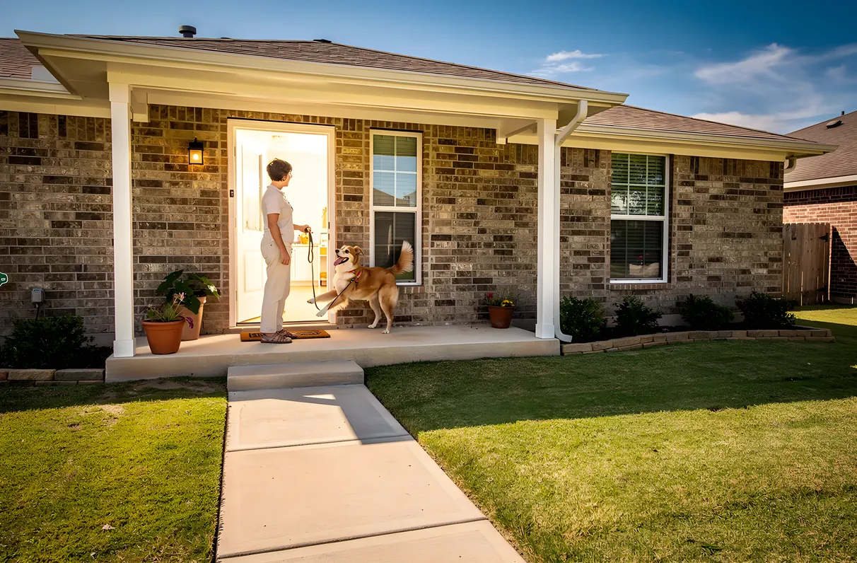 A dog walker leashing an eager golden retriever mix on a sunlit Frisco, TX porch before a midday walk