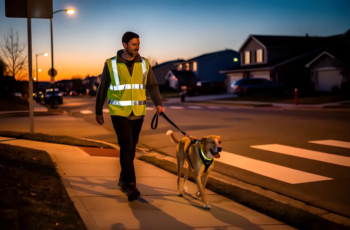 A dog and owner walking calmly on a leash down a quiet Frisco, TX neighborhood sidewalk at golden hour