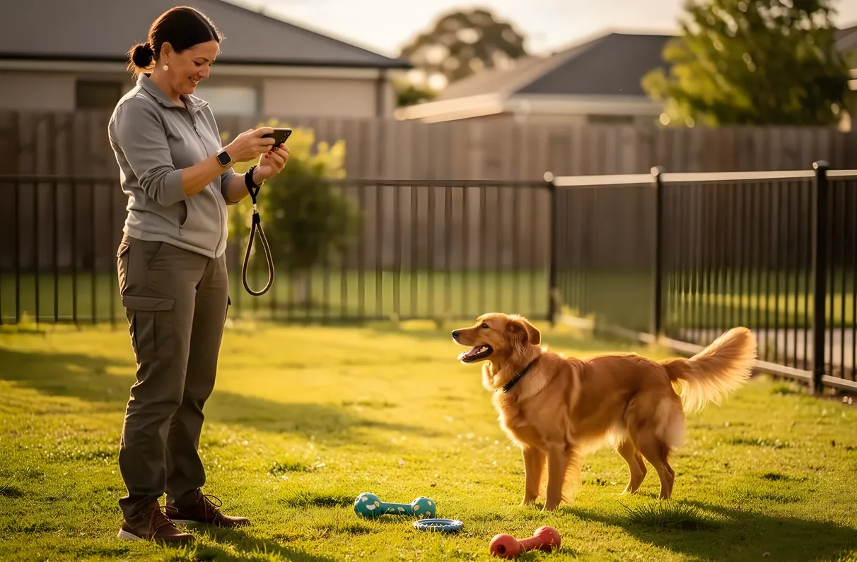 Dog walker checking a phone to send a photo update while a happy dog plays in a fenced Frisco, TX yard