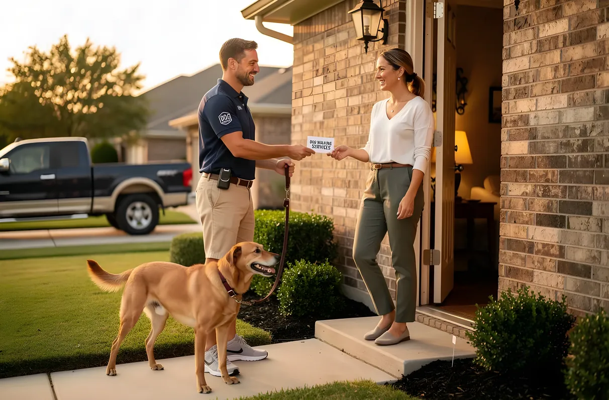 Dog walker meeting a Frisco, TX homeowner at the front door to go over dog walking rates before booking