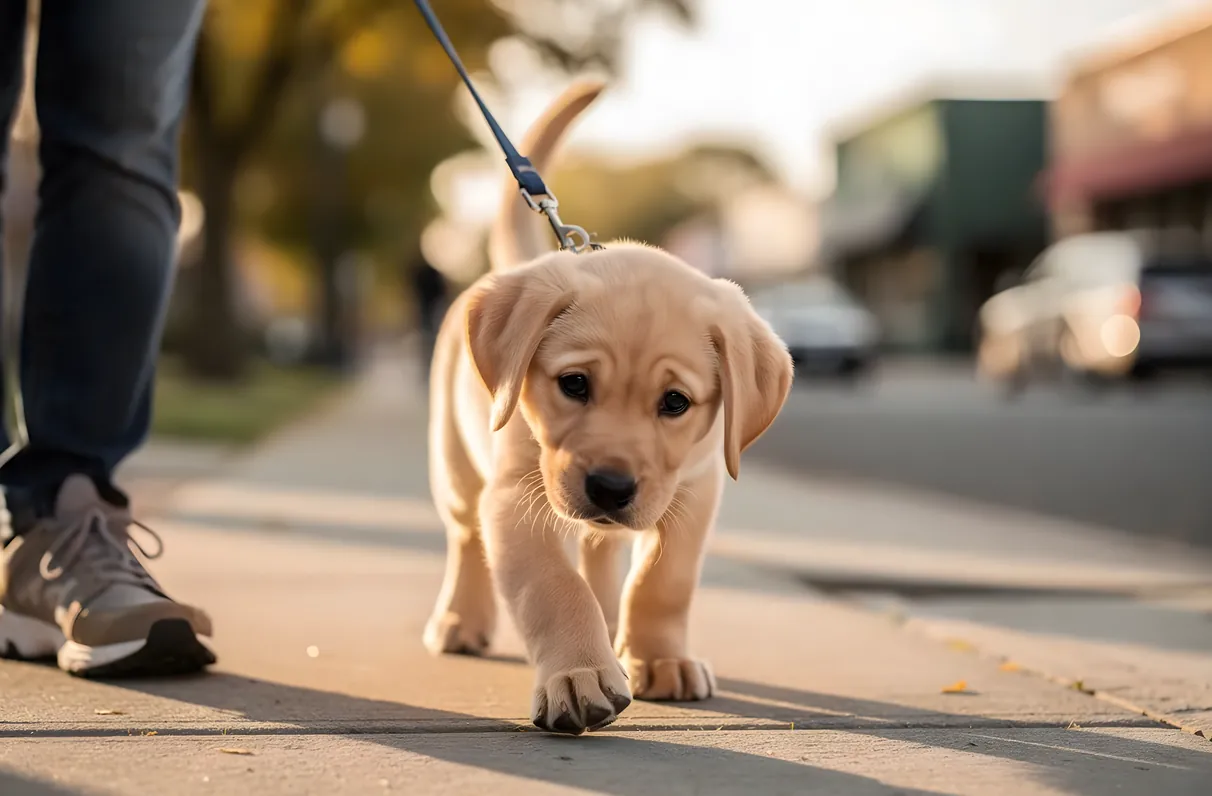 Puppy on a leash walking outdoors in Frisco, TX