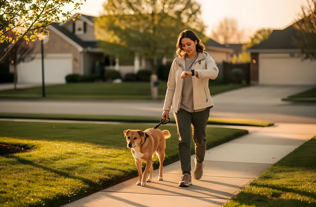 Owner and dog walking together on a sunny suburban Frisco sidewalk
