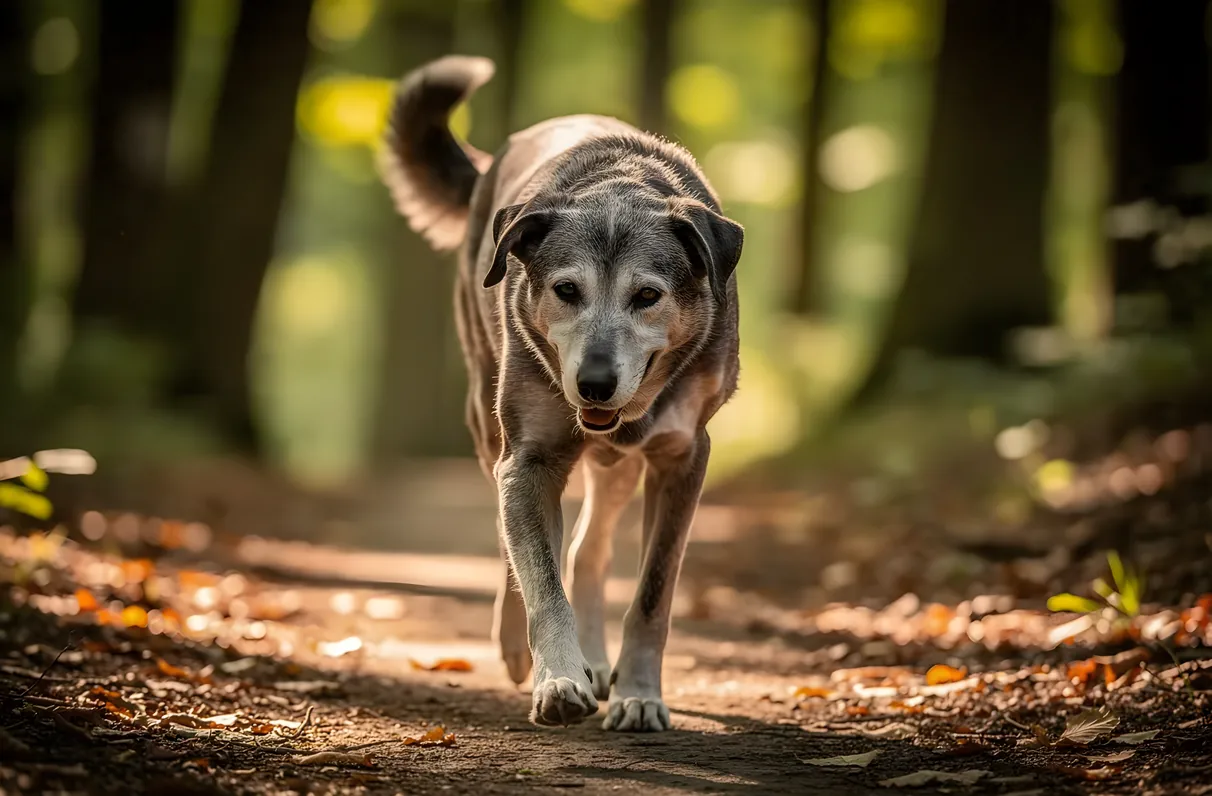 Senior dog walking slowly along a shaded trail in Frisco, TX