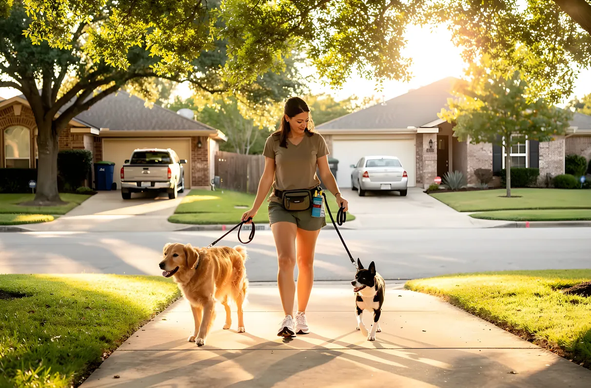 A dog walker leading a leashed dog on a walk through a Frisco, TX neighborhood