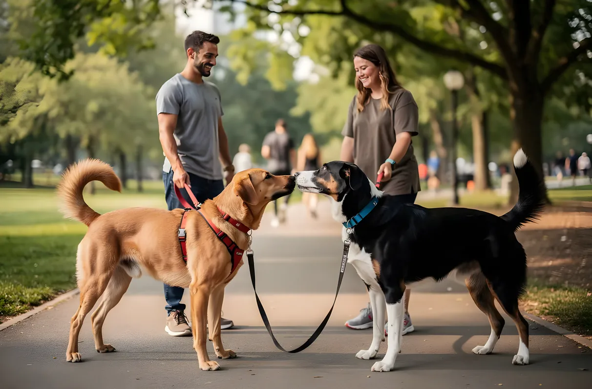 A leashed dog calmly greeting another dog during a neighborhood walk