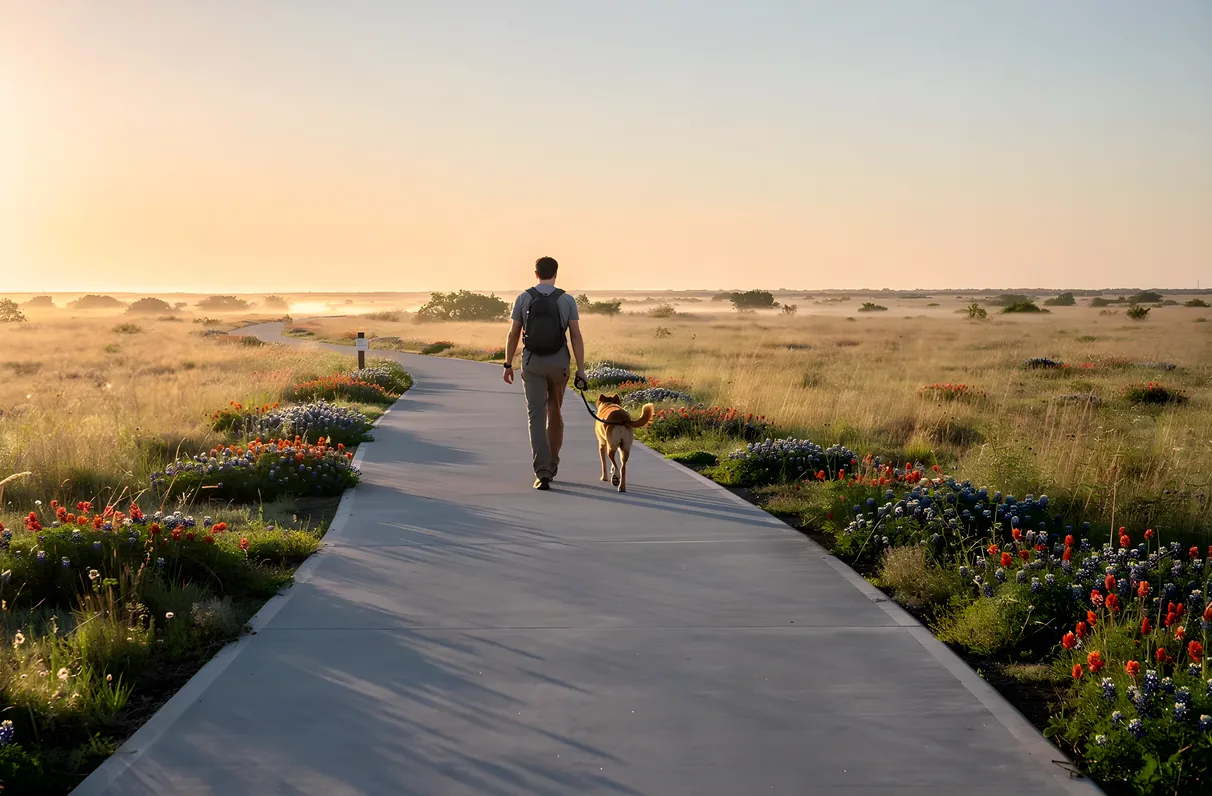 Dog walking on a paved trail in Frisco, Texas