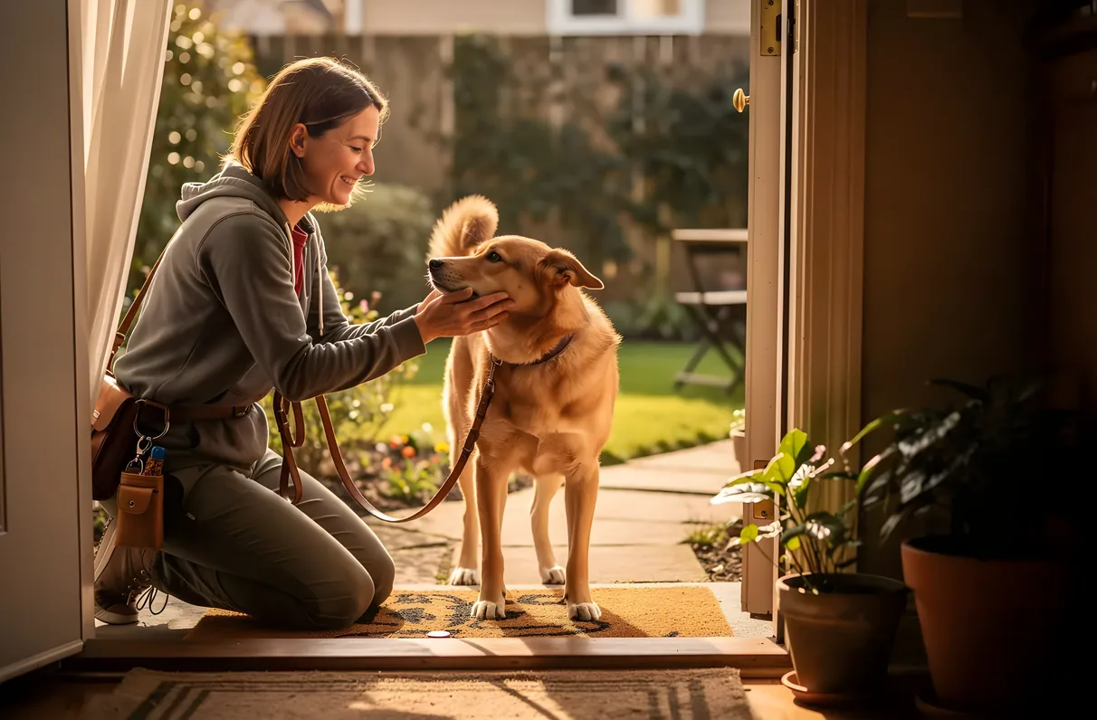 A dog walker crouched down to meet a new dog at eye level on a front porch in Frisco, TX